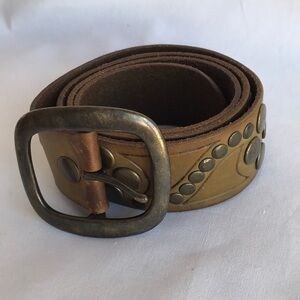 Brown belt with rustic brass buckle and studs, size M